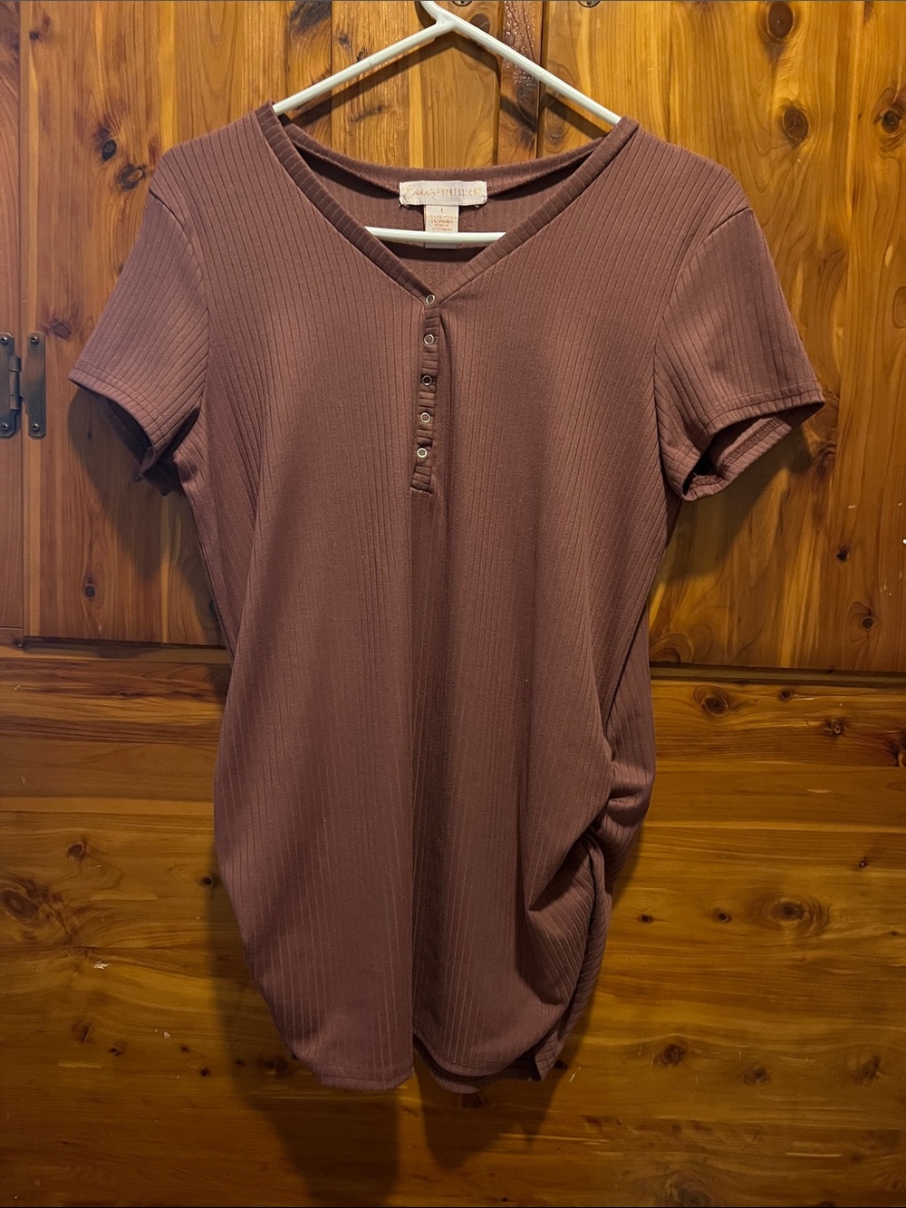 Casual Ribbed Henley Tee - Mauve Brown